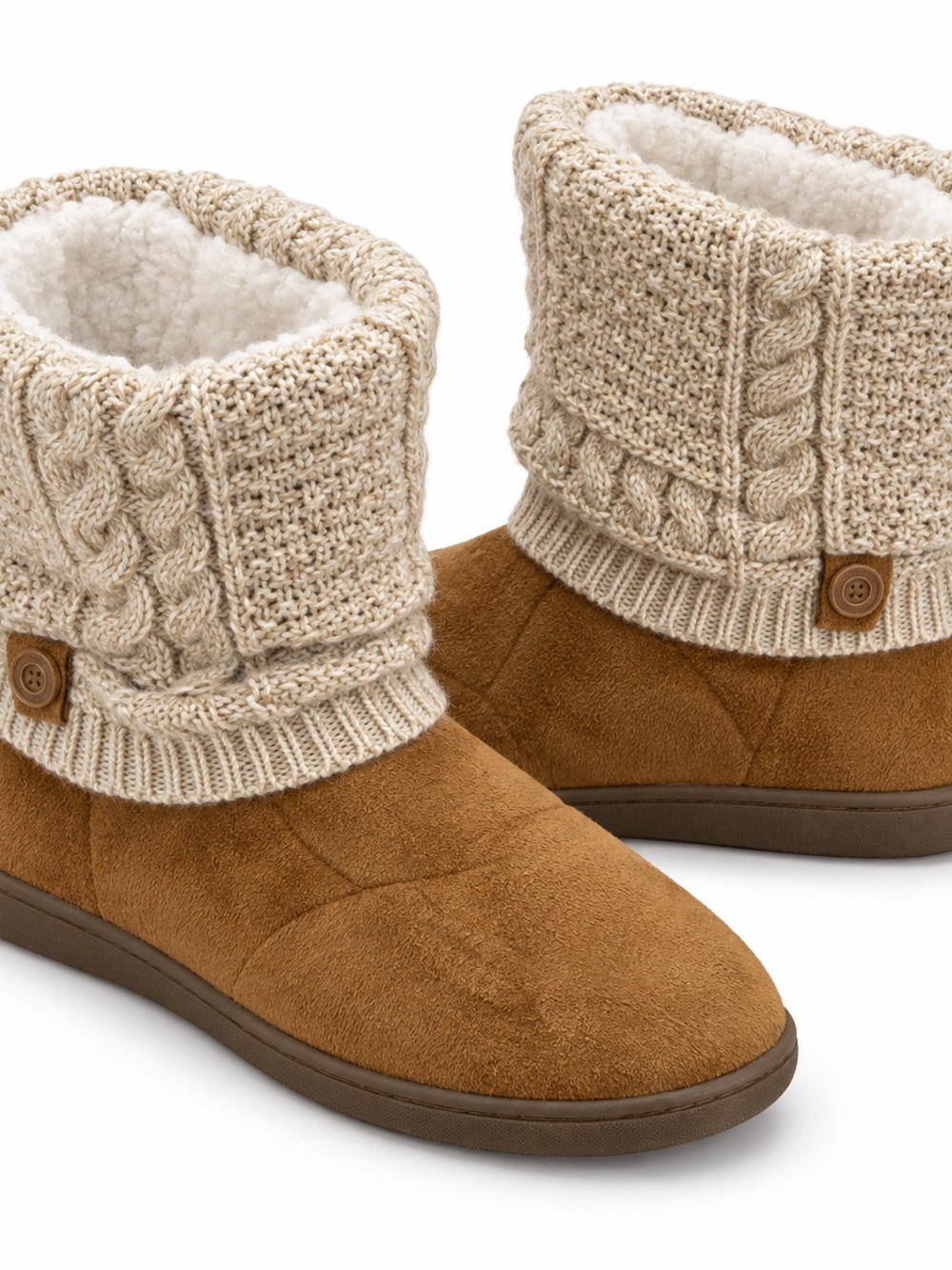Muk Luks Tan Suede-Look Ankle Boots with Cream Knit Cuff